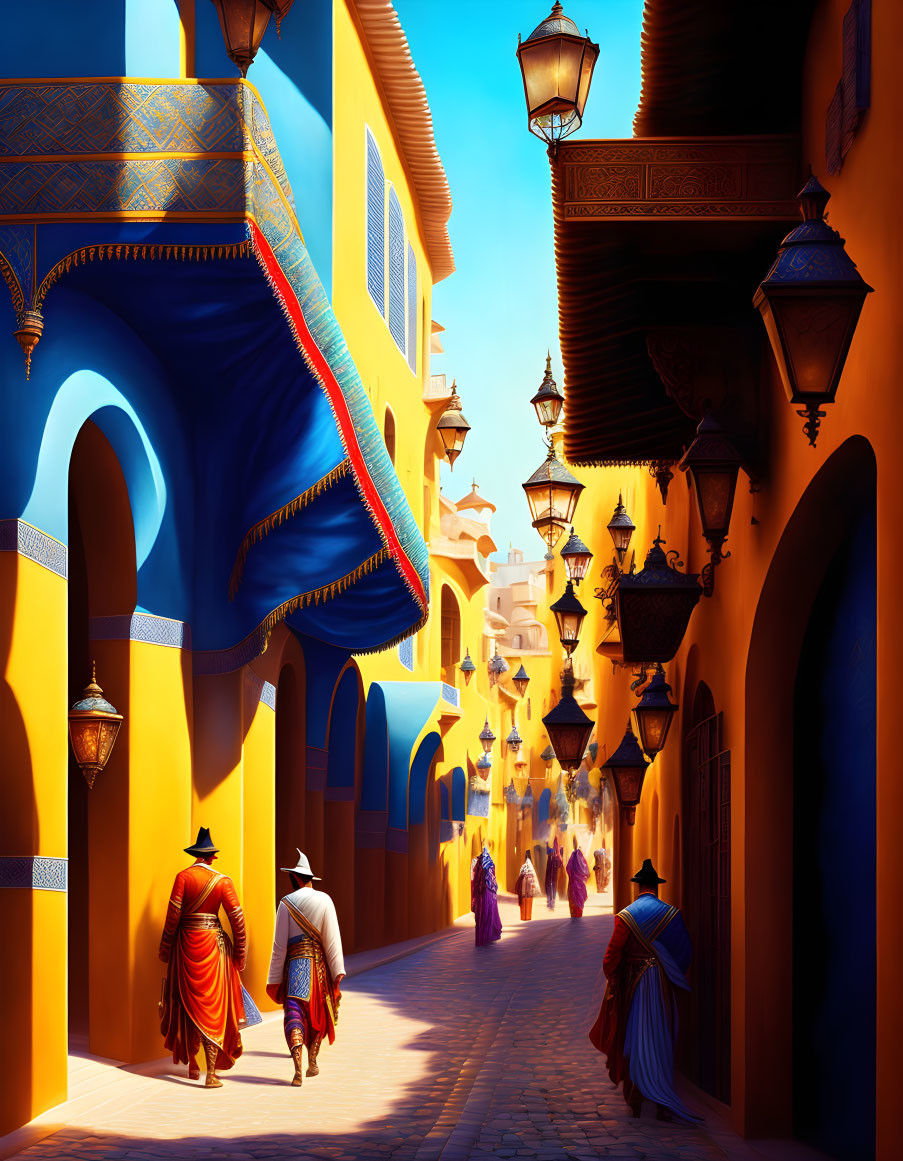 Colorful Moroccan-style city street with traditional attire and hanging lanterns