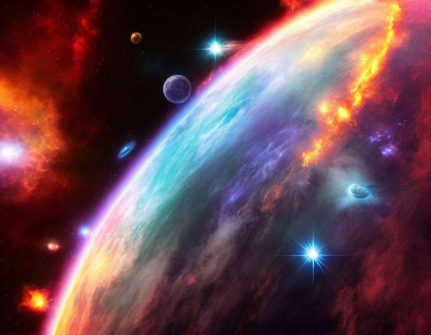 Colorful cosmic scene with nebula, stars, planets, and moon