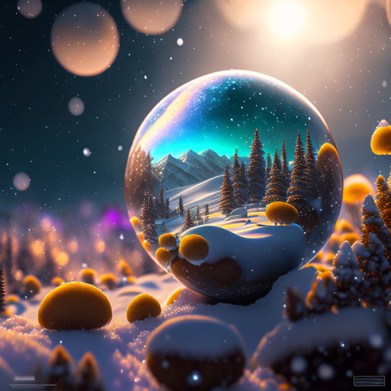 Glowing crystal ball in snowy winter landscape