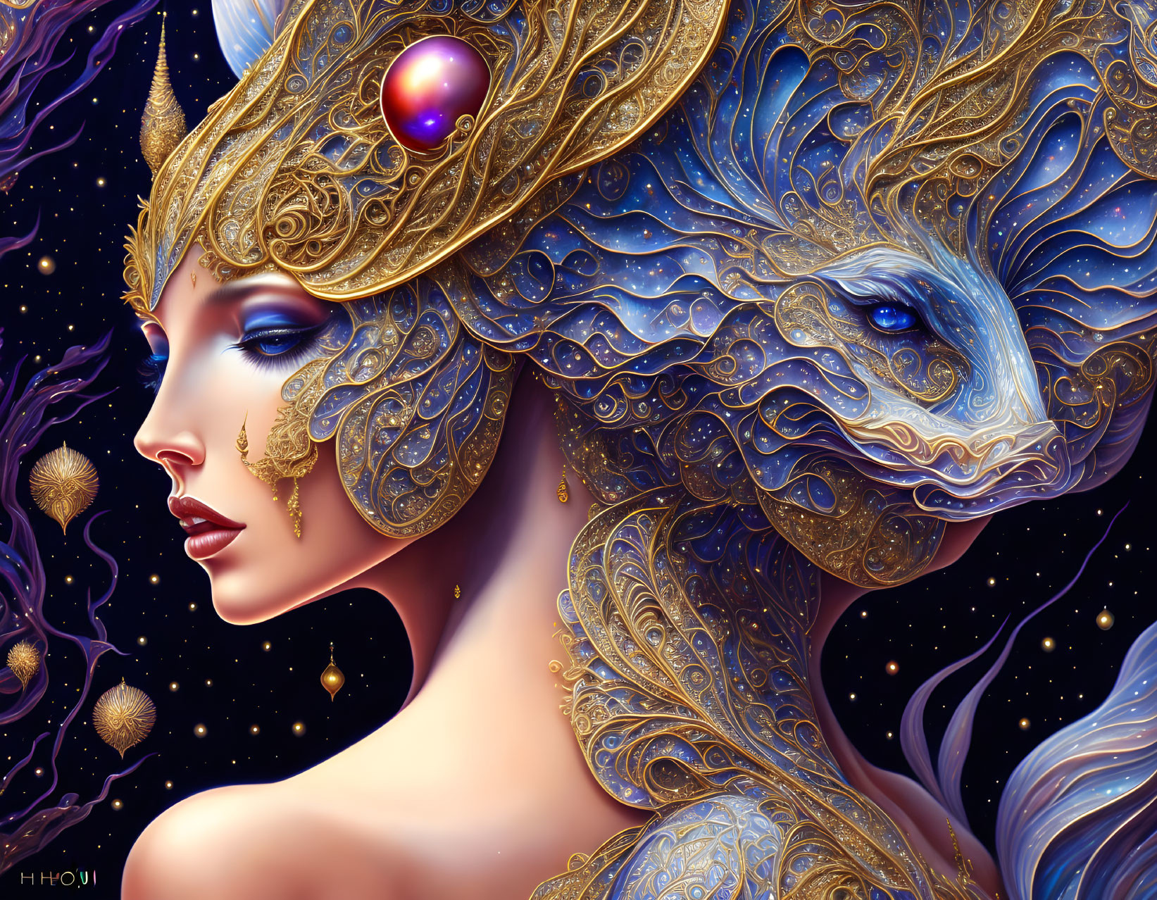 Fantasy illustration of a woman with blue and gold ornate headdress and celestial theme