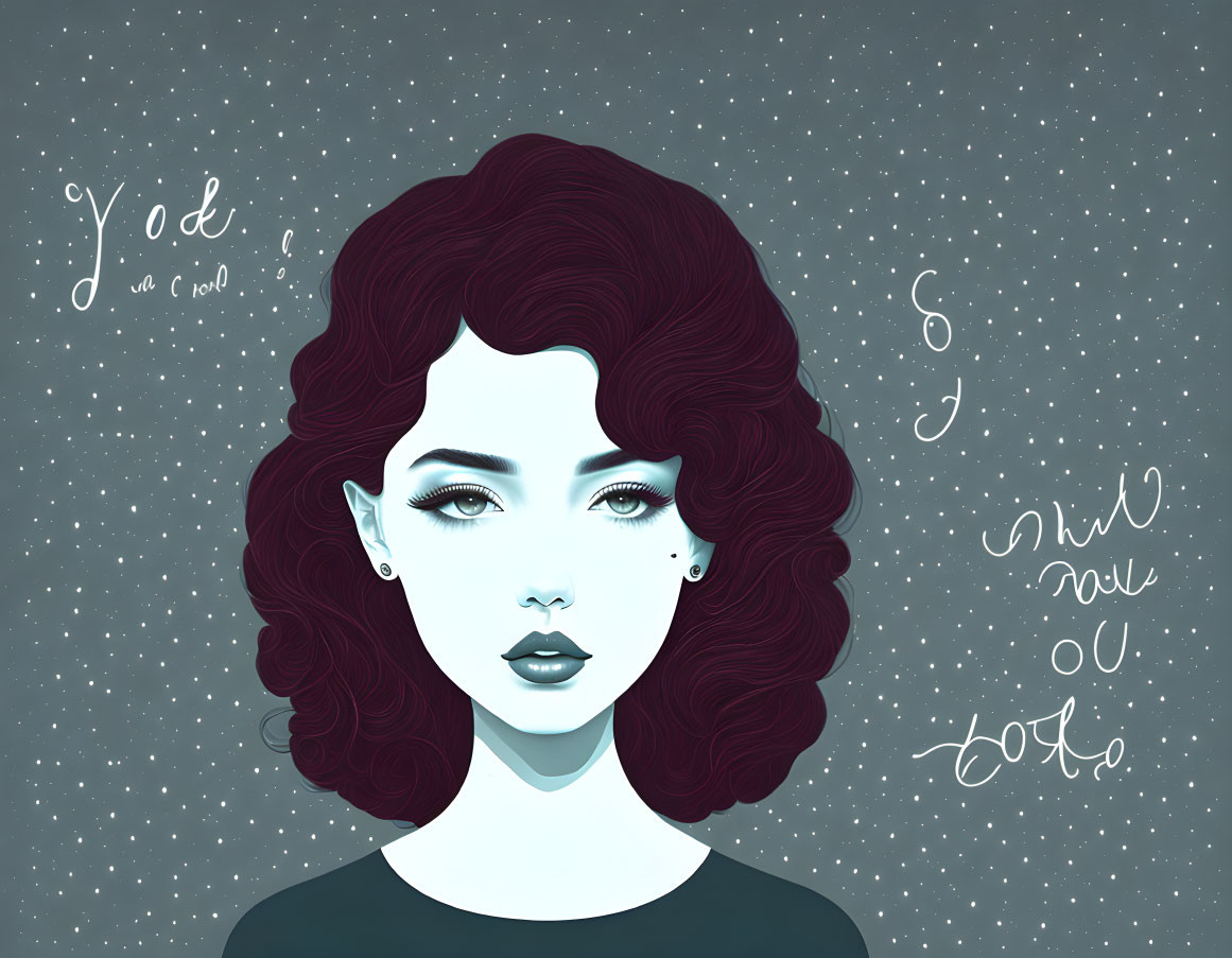 Voluminous red-haired woman on teal starry background with floating script