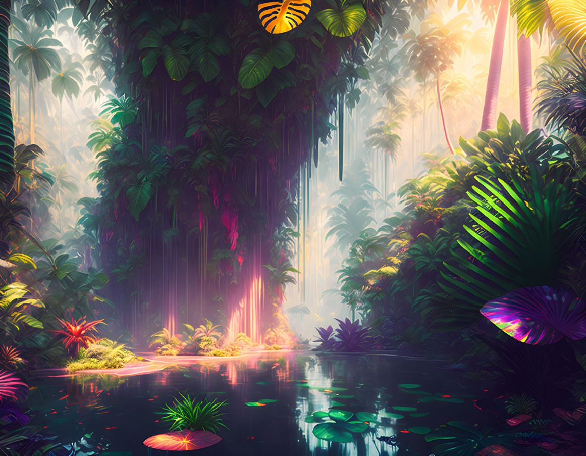 Colorful Tropical Rainforest Illustration with Serene Pond