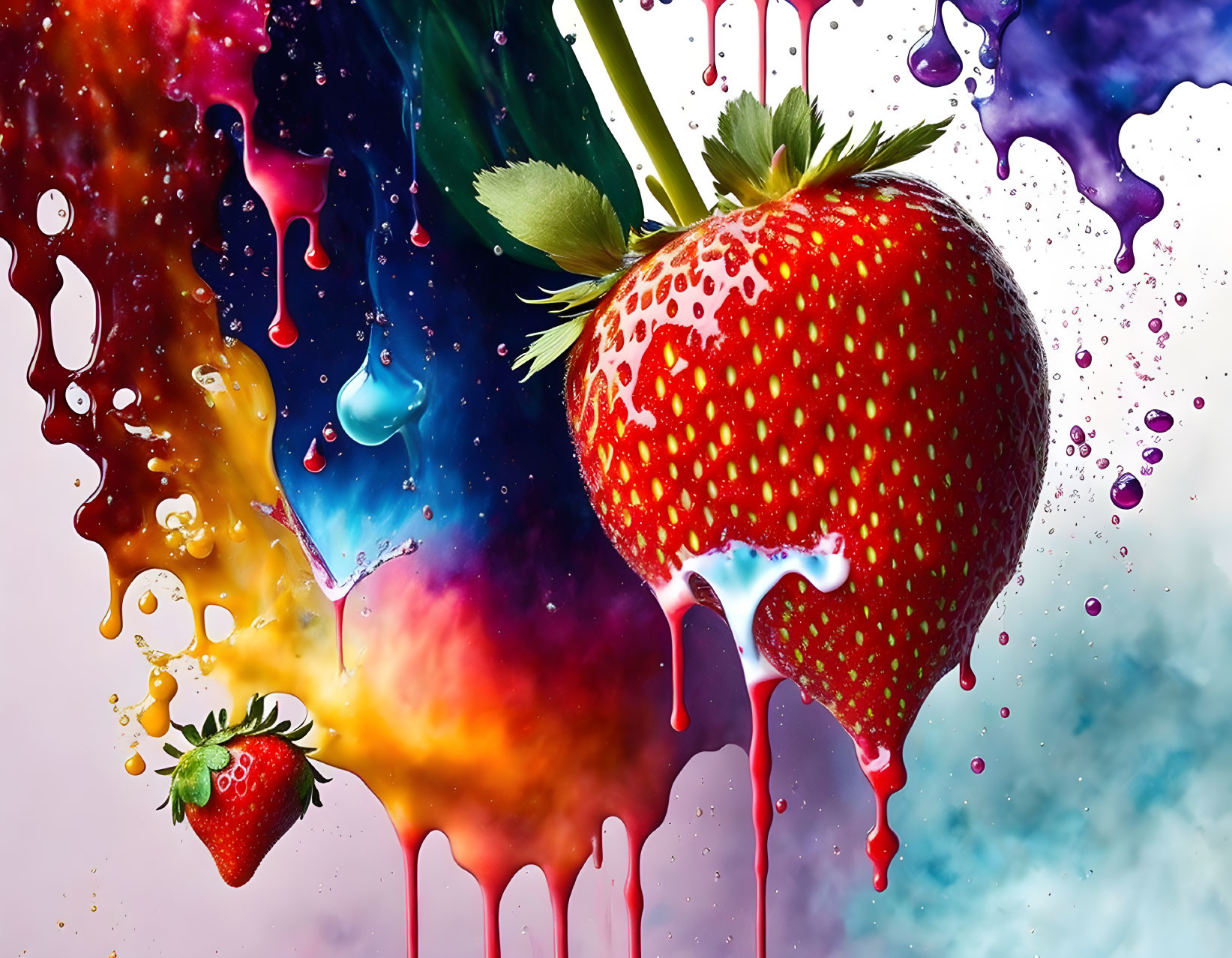 Colorful Strawberry Splash Artwork: Vibrant strawberries in dynamic liquid swirls