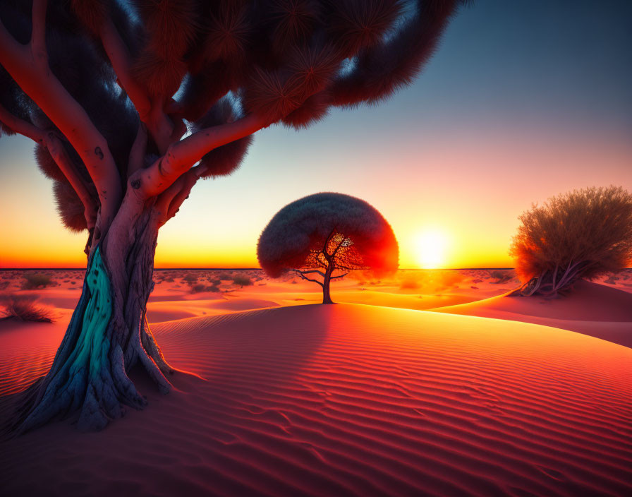 Desert sunset with three round-crowned trees