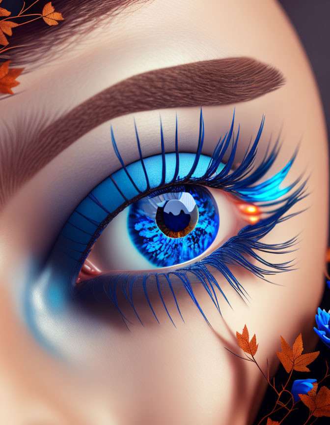 Detailed digital artwork of vibrant blue eye with autumn leaves embellishments