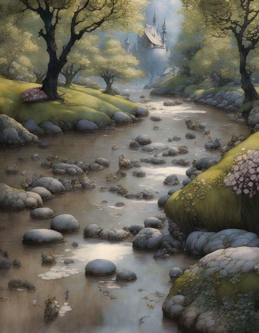 Tranquil fantasy landscape with stream, blossoming trees, rocks, and distant castle