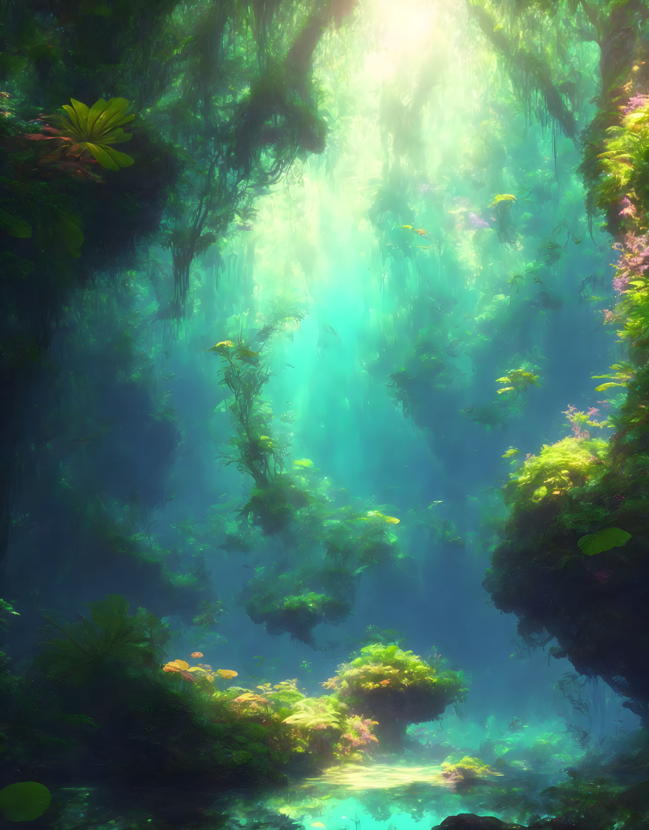 Sunlit underwater scene with lush greenery in dreamlike setting