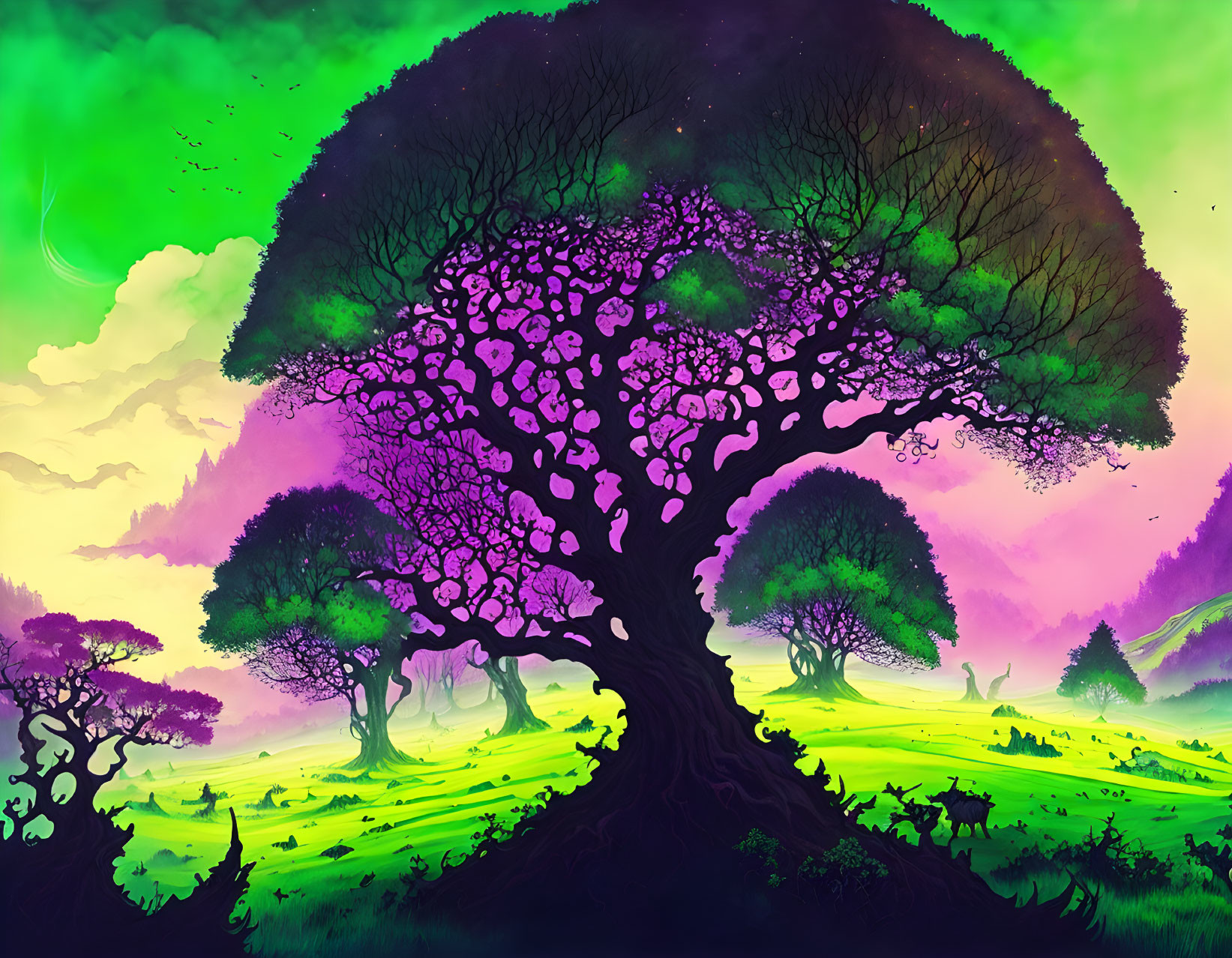 Colorful fantasy landscape with large tree and purple foliage