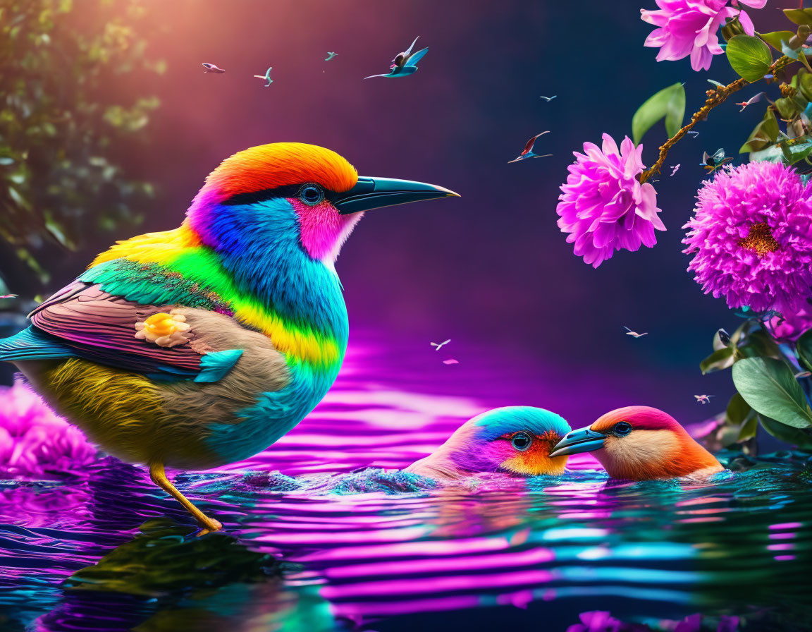 Colorful Birds Bathing in Purple Water Among Flowers and Insects