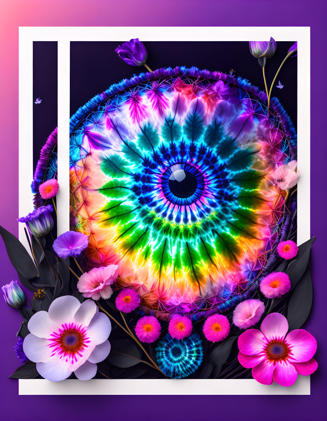 Colorful psychedelic mandala with neon flowers on purple background