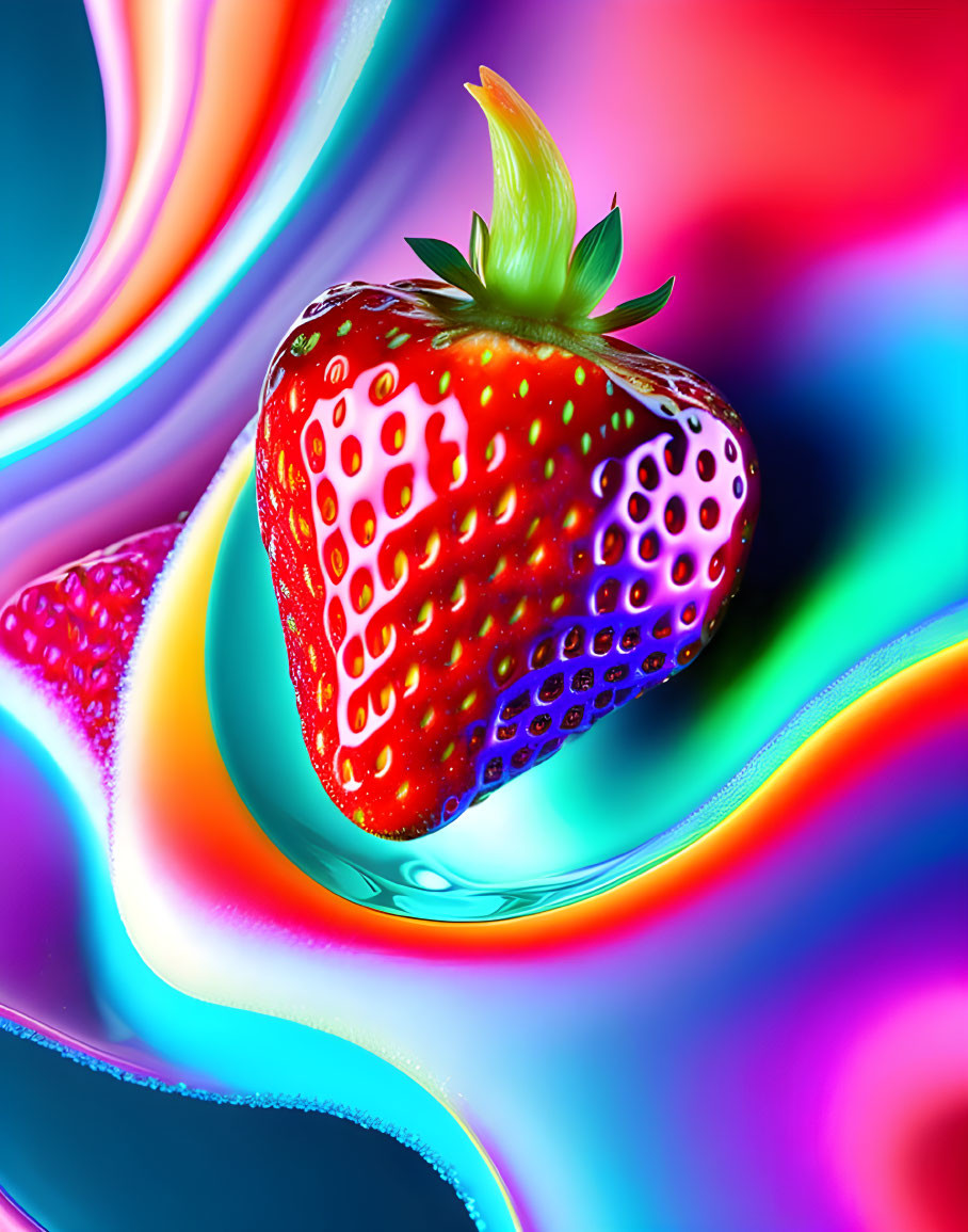 Hyper-realistic digital artwork: Vibrant strawberry on colorful swirling background