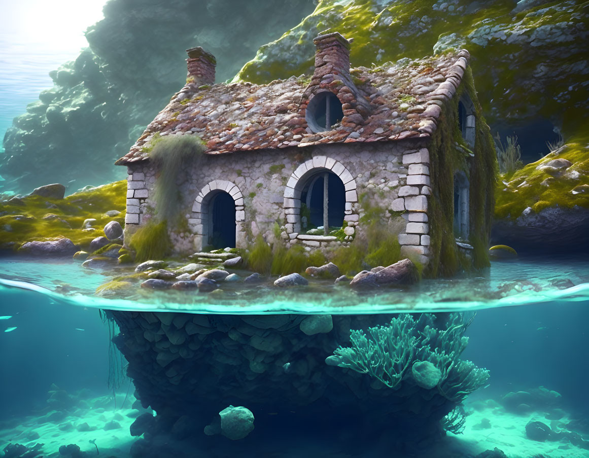 Stone house with tiled roof half-submerged in clear blue water surrounded by vibrant underwater flora and moss-covered