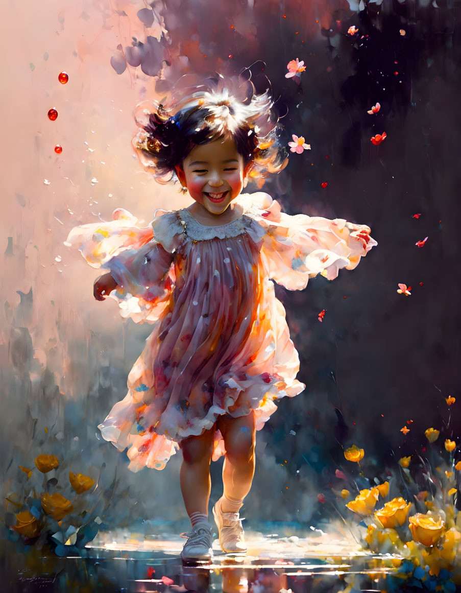 Young girl in pastel dress running among colorful flowers