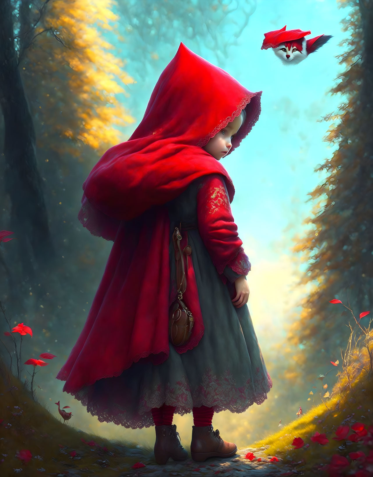 Young girl in red hooded cloak in enchanted forest with winged creature and red flowers.