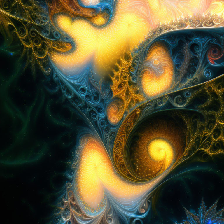 Colorful Fractal Art: Swirling Patterns in Orange, Blue, and Green