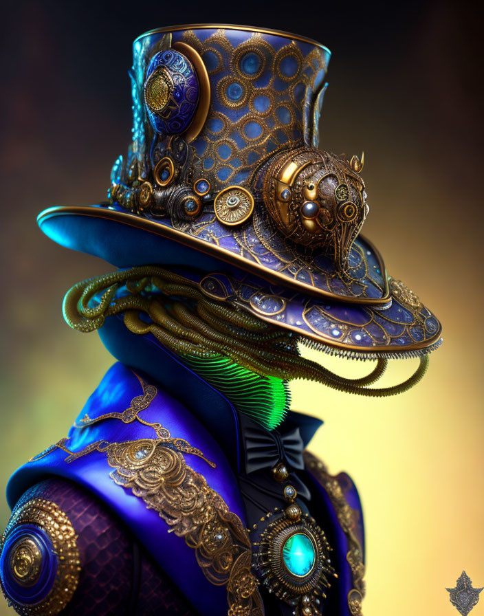 Steampunk-themed hat with cog and gear motifs on mannequin in Victorian coat.