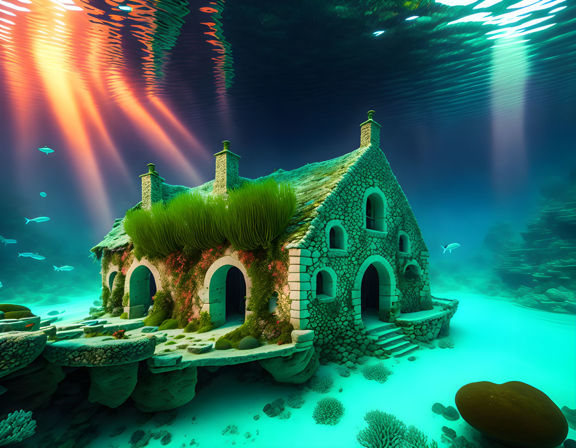 Stone house with green moss roof in underwater coral scene