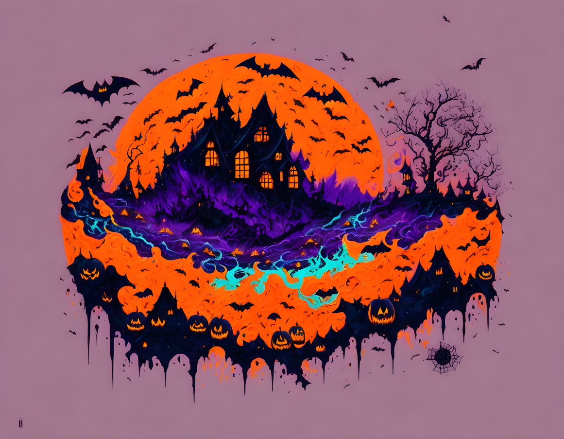 Spooky Halloween illustration featuring haunted house, bats, and jack-o'-lanterns