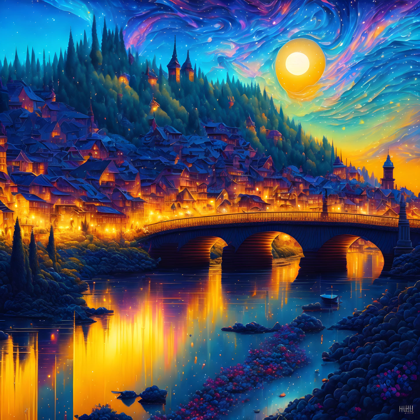 Moonlit village with glowing lights, arched bridge, and starry skies