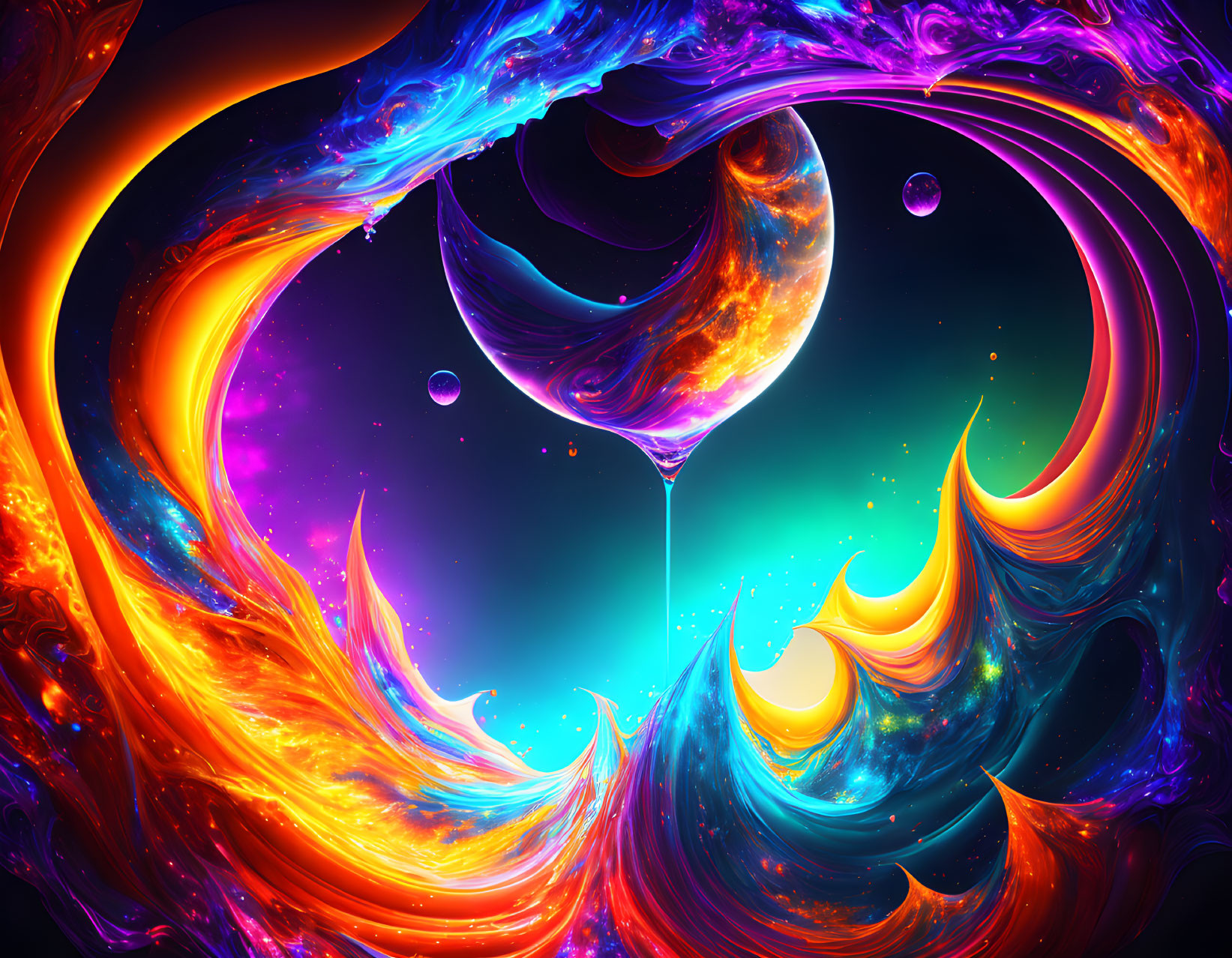 Colorful digital artwork with swirling blue, orange, and purple hues and glass-like structure.