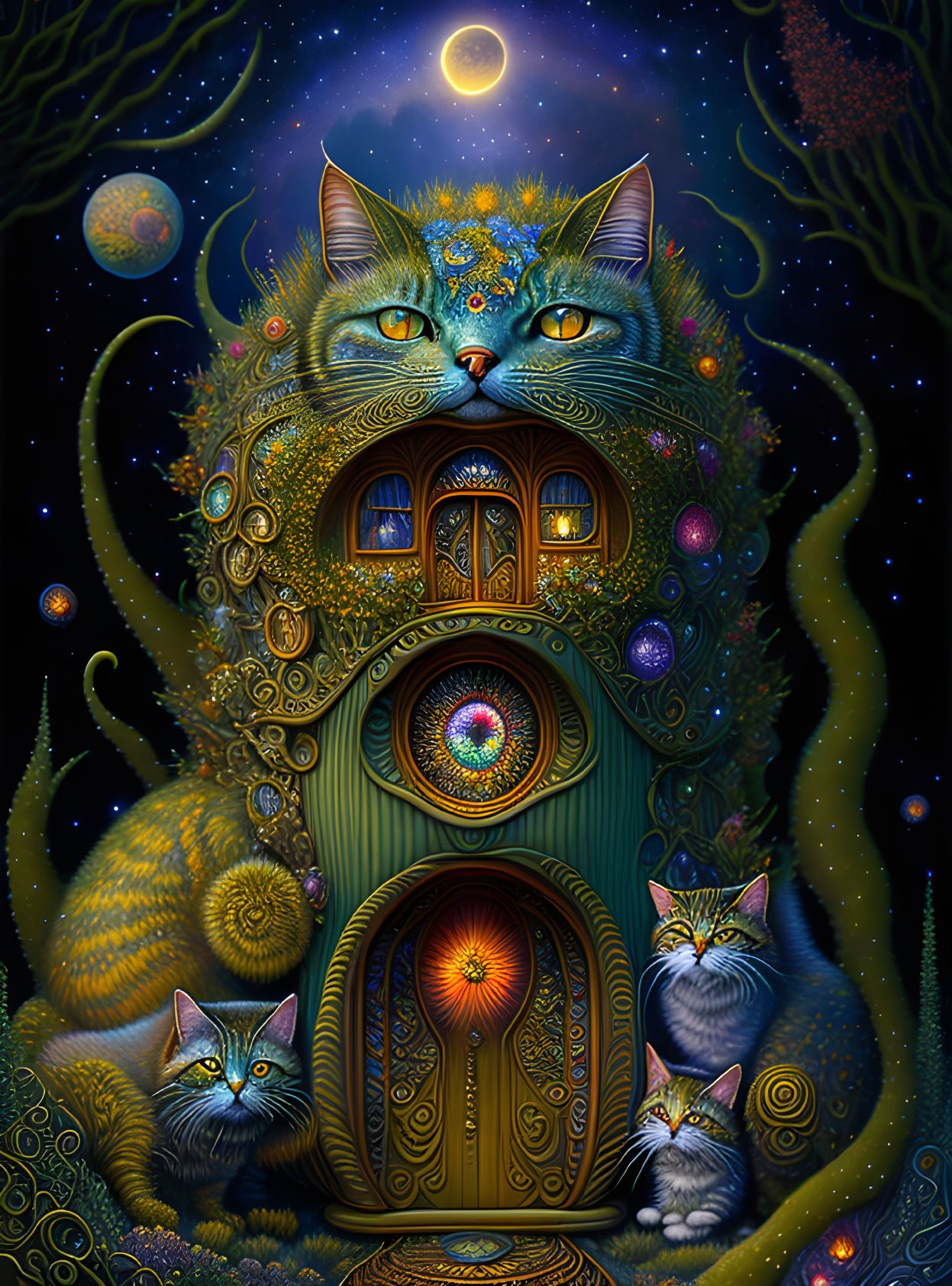 Whimsical cosmic cat with fantasy house and celestial elements