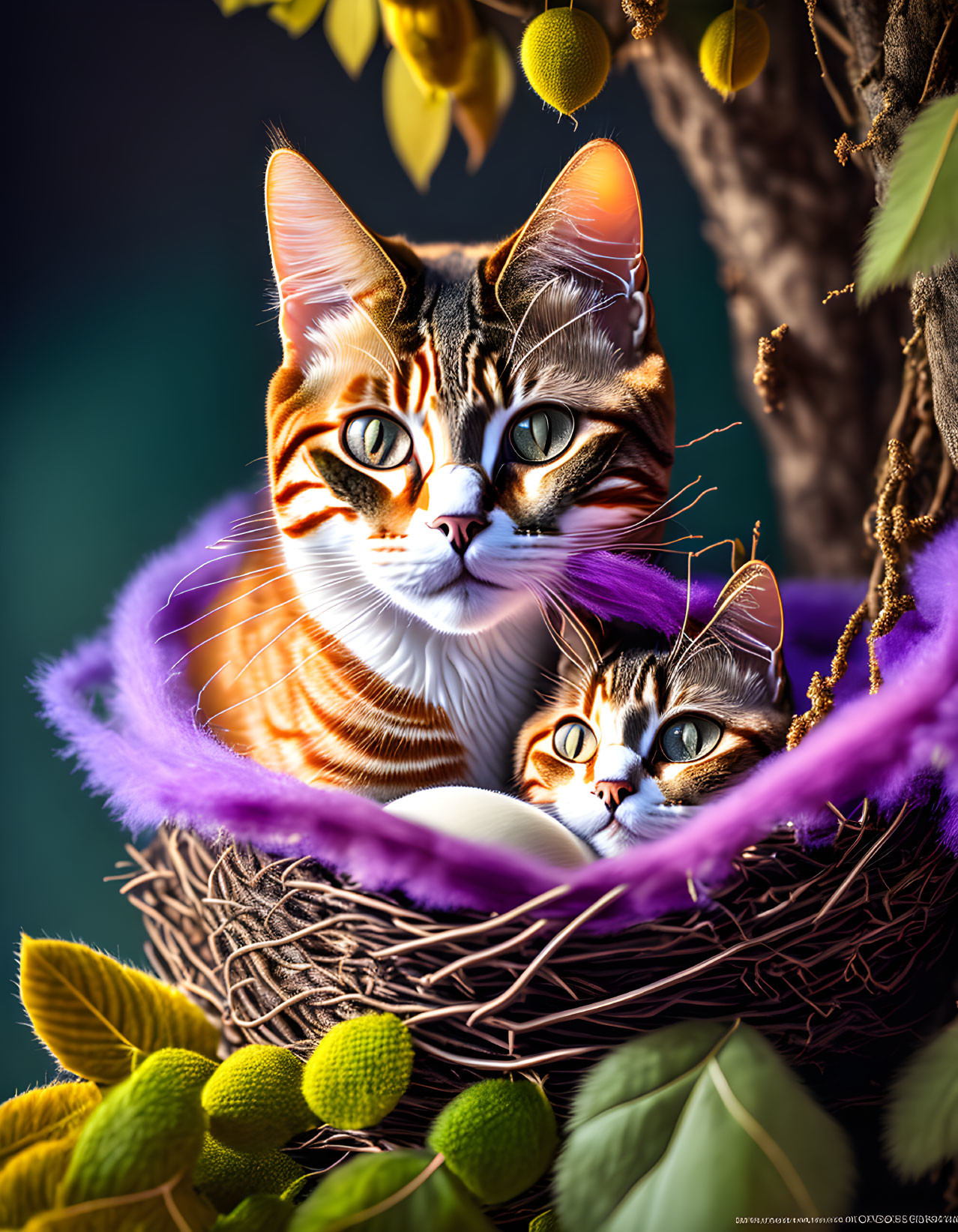 Digitally altered image: Two cats with oversized eyes in bird's nest with foliage & fruits