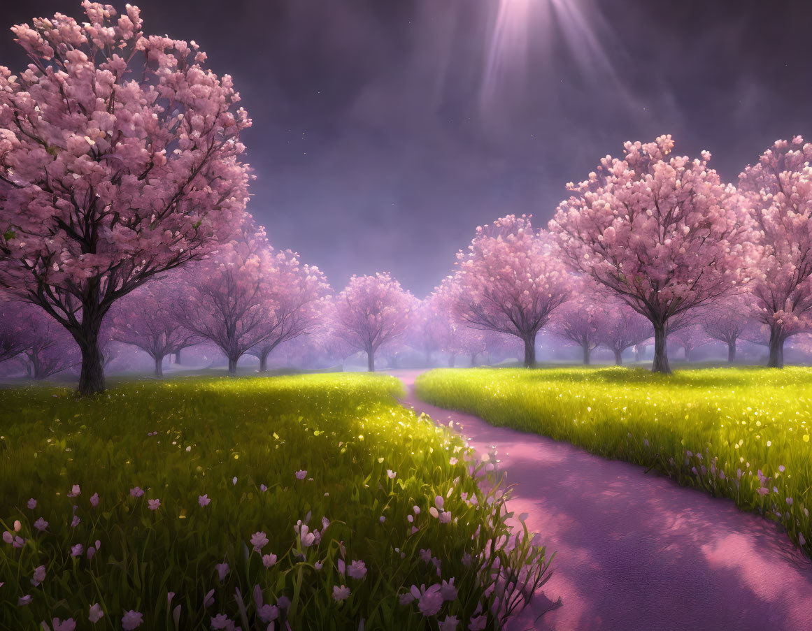 Tranquil Cherry Blossom Path at Twilight