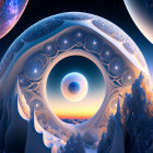 Surreal landscape with celestial bodies, loop structure, intricate designs, and twilight trees.