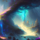 Ethereal landscape with glowing blue waterfall and vibrant purple flora