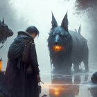 Person faces wolf-like creatures in misty, lantern-lit scene