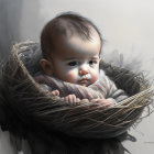 Infant with pensive eyes in soft nest, exuding innocence.