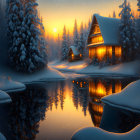 Snow-covered house by serene lake at sunset with glowing lights