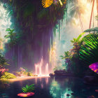 Colorful Tropical Rainforest Illustration with Serene Pond