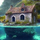 Stone house with tiled roof half-submerged in clear blue water surrounded by vibrant underwater flora and moss-covered