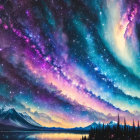 Stunning blue and purple cosmic clouds over serene mountain landscape