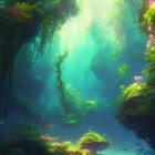 Sunlit underwater scene with lush greenery in dreamlike setting