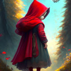 Young girl in red hooded cloak in enchanted forest with winged creature and red flowers.