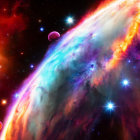 Colorful cosmic scene with nebula, stars, planets, and moon