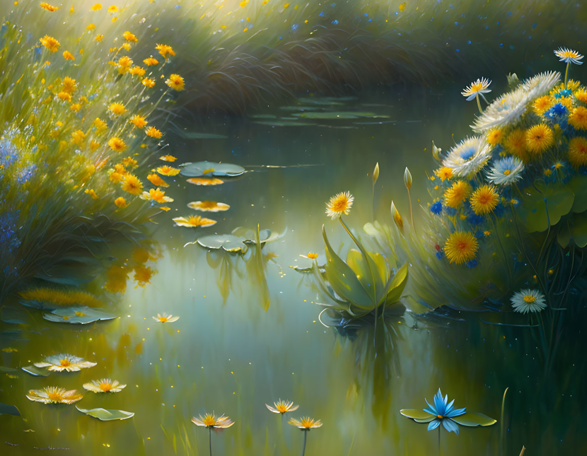 Tranquil Pond with Water Lilies and Yellow Flowers