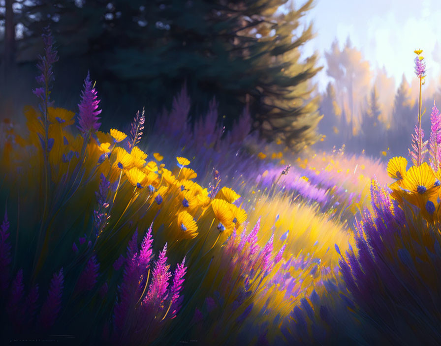 Golden and Purple Flowers in Sunlit Garden