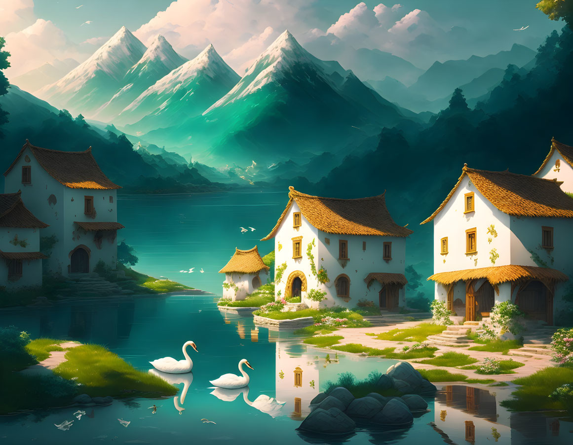 Tranquil River Scene with White Houses, Swans, and Mountains