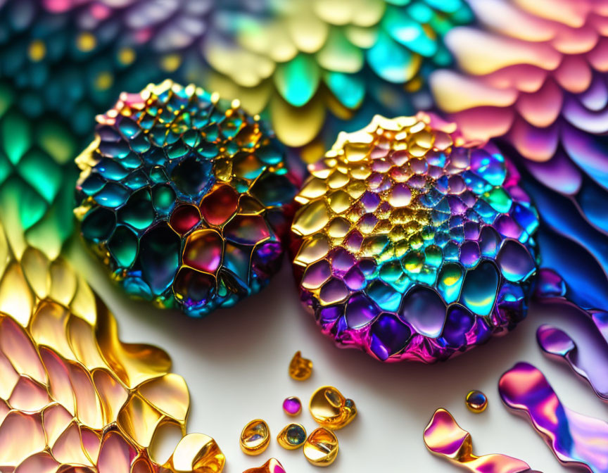 Colorful, Reflective Iridescent Objects in Scale or Petal Shapes