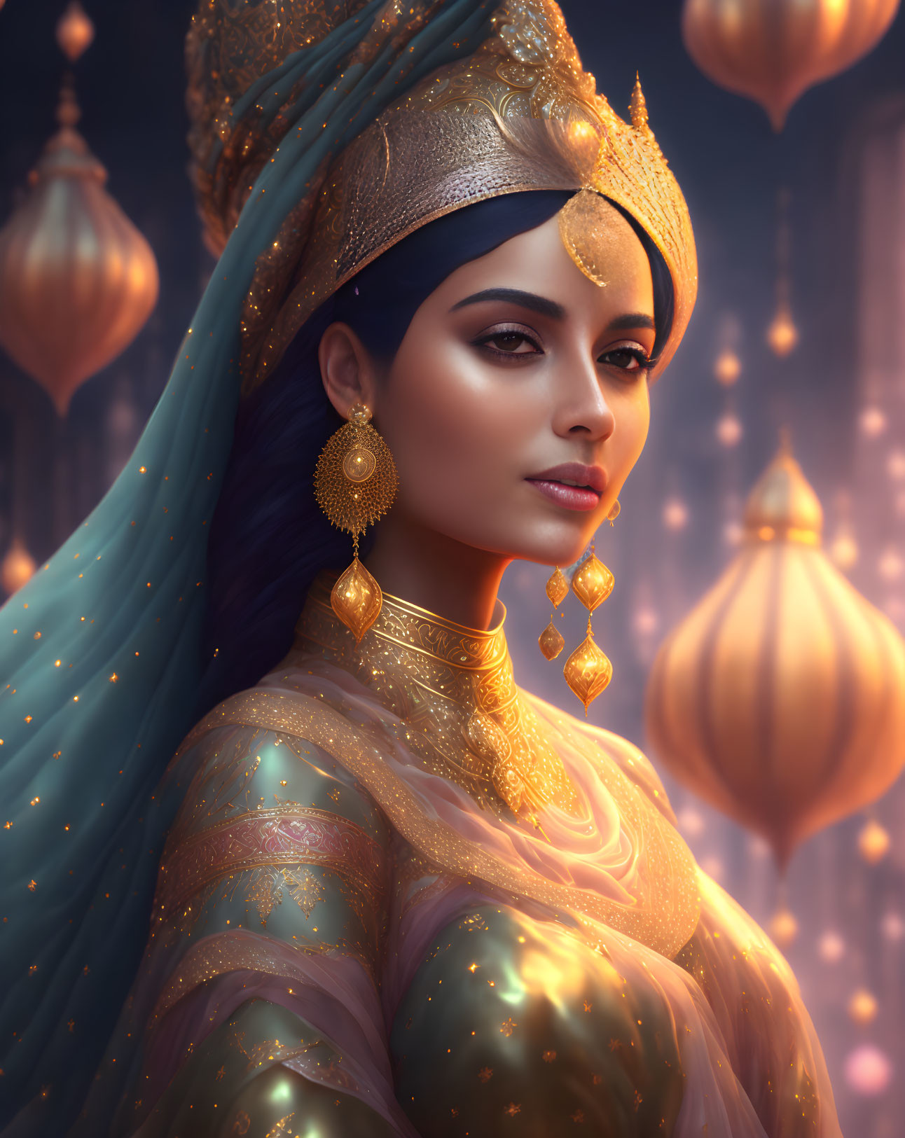 Regal South Asian woman in traditional attire with elegant gaze and ornate lantern backdrop