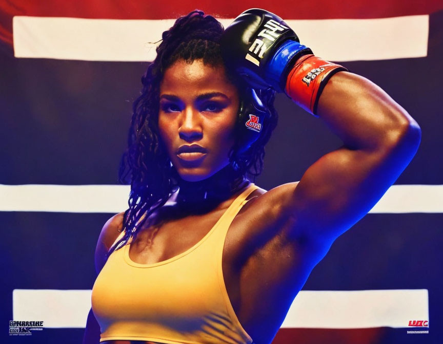 Confident female boxer with raised gloves on a striped background