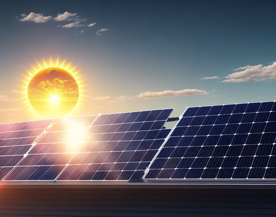 Rows of solar panels under bright sun and clear blue sky symbolize renewable energy.