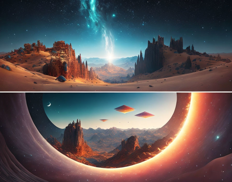 Surreal desert landscapes with futuristic and celestial elements