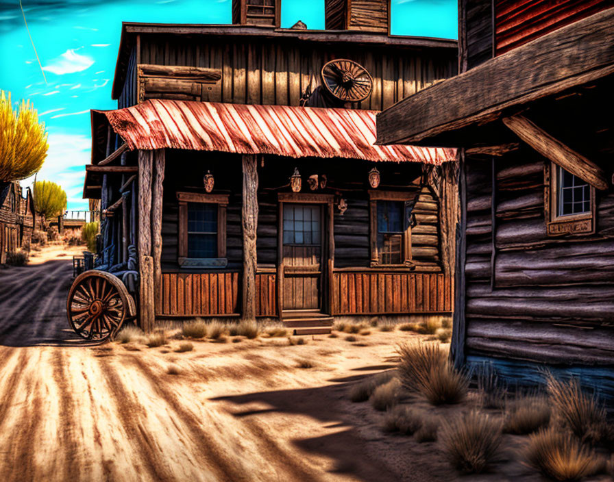 Detailed Illustration: Old Western Town with Wooden Buildings & Wagon Wheel