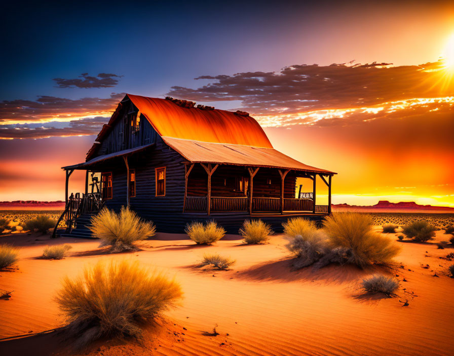 Secluded wooden house in sandy desert under orange sunset sky