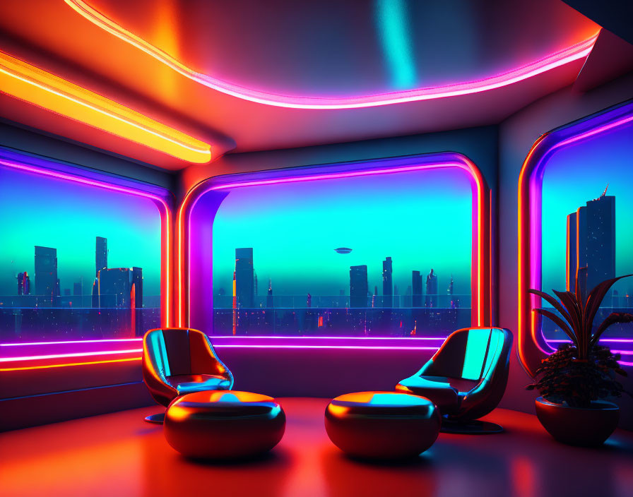 Futuristic interior with neon lights, modern chairs, cityscape view