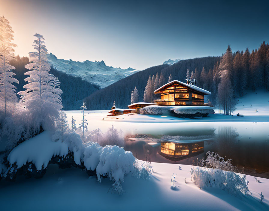 Snowy landscape with cozy chalet and lake at dusk